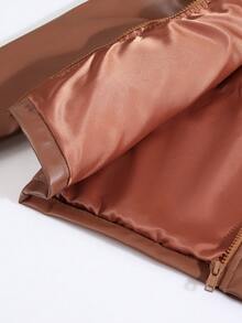 Tween Girl Casual PU Leather Zip-Up Round Neck Puff Sleeve Jacket, Autumn - Brown - View 8