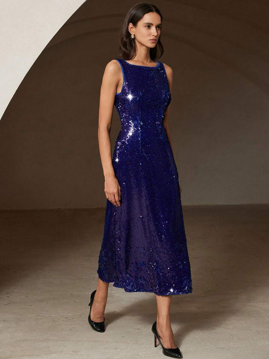 Aveloria Rosie 秋季亮片露背无袖派对性感连衣裙，优雅英伦风 - 藍色 - 查看 1