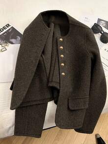 Franclia 时尚法式优雅短款棕色圆领长袖女士大衣，秋冬 - 巧克力棕 - 查看 7