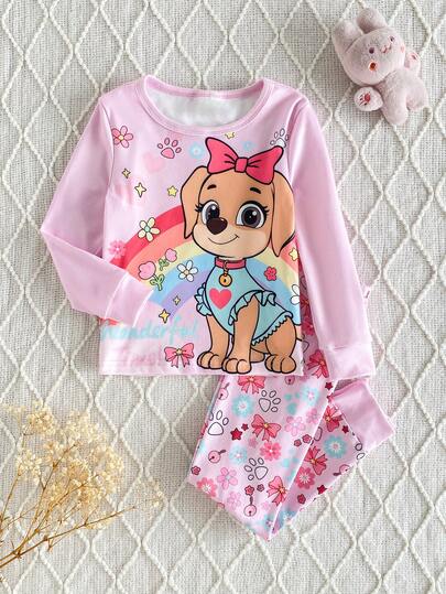 2pcs Baby Girls Soft Comfortable Snug Fit Sleepwear Set, Autumn/Winter, Featuring Cute T-Shirt And Pants With Cartoon Dog, Flower, Bow, Rainbow Designs