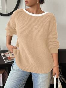 Elenzga Plus Size Women Casual Bowknot Crew Neck Long Sleeve Sweater, Autumn/Winter - Apricot - View 4