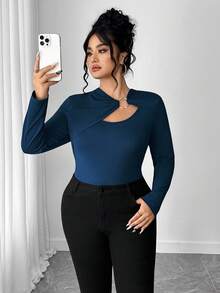 Elenzga Camiseta de manga larga ajustada con diseño de anillo de unicolor para mujer - Azul - Ver 3