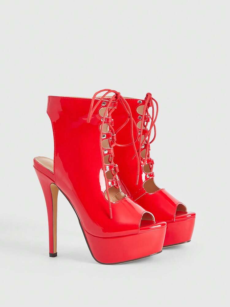 CUCCOO LuxiPop Women Shoes Stiletto Platform Shoes Lace-Up Boots Red Women's Boots Night Club Style Wear Sexy Fashion Wear Halloween Christmas Party Wear