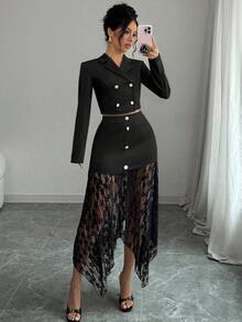 Elenzga Ensemble tailleur élégant à contraste de dentelle pour femmes, automne - Noir - Voir 3