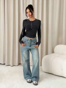 SHEIN PETITE 1pc Women's Black And Gray Knitted Button-Up Tight Fit Long Sleeve Casual T-Shirt - Grey - View 6