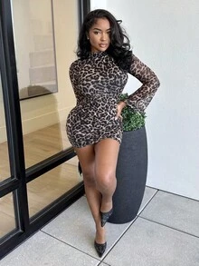 Alexandranx Autumn And Summer Wear, Vacation Wear, Leopard Print Dress, Sexy Leopard Print Summer Travel, Street Fashion Dress, Office Wear, Long Sleeve Dress,Business Casual Woman