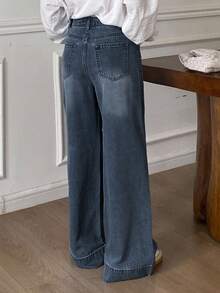 Livesso 女式高腰宽松破洞长款牛仔裤 - 深色水洗藍 - 查看 6