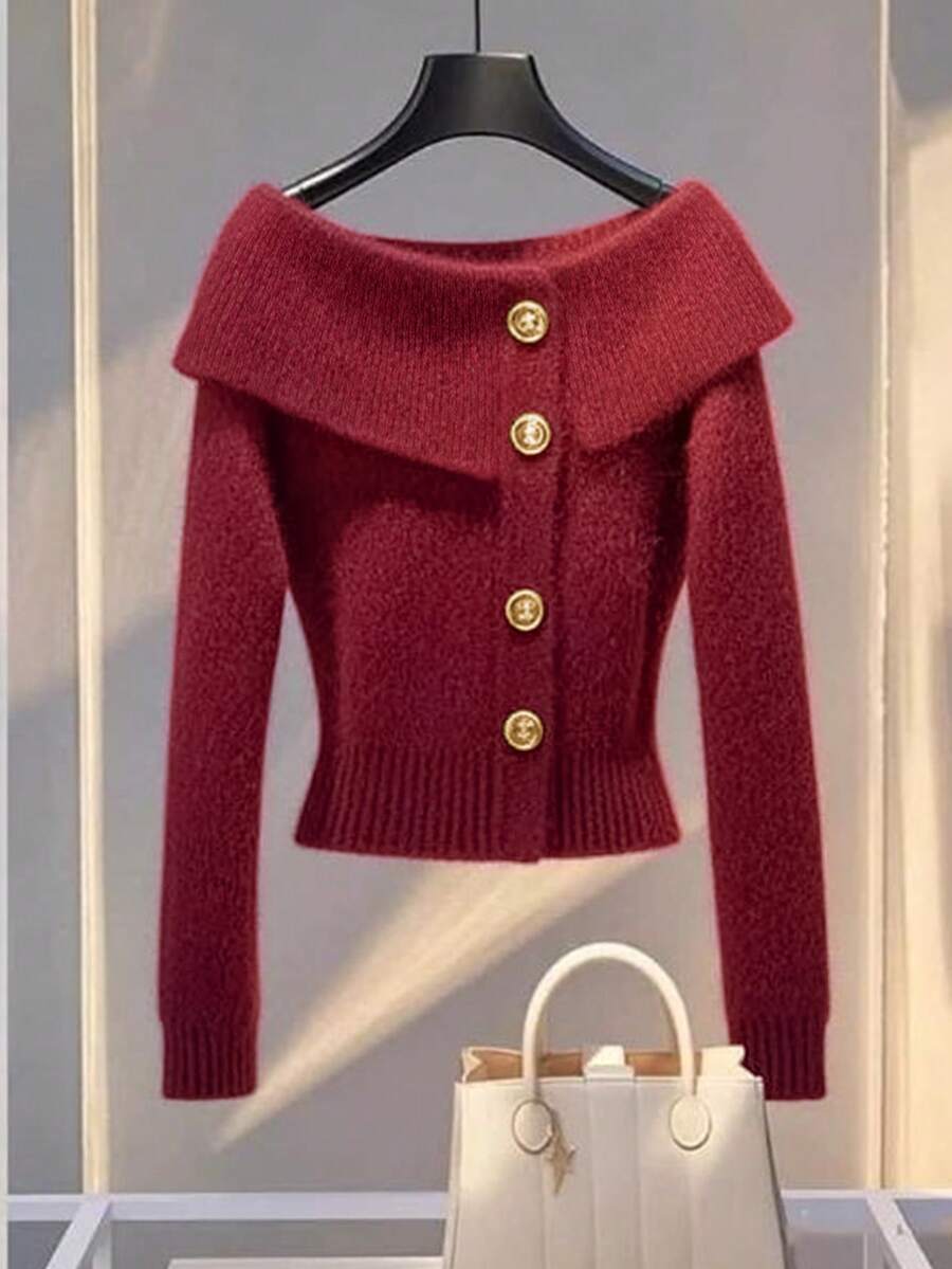 Franclia Femmes Hiver Élégant Couleur Unie Vin Rouge Jujube Col Rond Col Châle Épaule Unique Deux Voies Ajustement Manches Longues Bouton Métallique Faux Rabat Design Taille Courte Tricot Pull Automne Hiver - Rouge - Voir 1