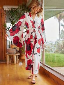 Lullawish 花卉浪漫休闲度假波西米亚宽松长裙，女士睡袍，花卉睡袍，冬季，宽松睡裙 - 彩色 - 查看 3