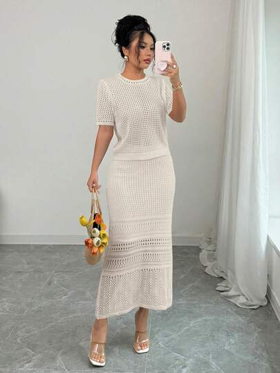 Elenzga 2025新款法式白色镂空短袖上衣+半裙两件套，春季