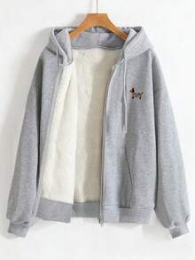 INAWLY 碎花灰色连帽腊肠犬卫衣女款卫衣，秋冬新款韩版宽松休闲风外套。碎花灰色抓绒加厚连帽卫衣。重磅拉链连帽卫衣女款卫衣，秋冬新款韩版宽松卡通狗狗连帽外套。 - 淺灰色 - 查看 3