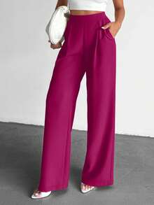EURMUSE Pantaloni casual larghi a vita alta plissettati di colore unito per donna - Fucsia - Visualizzare 6