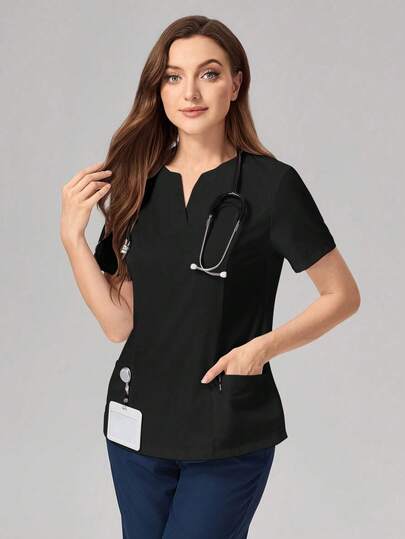 TaskEZ V-Neck Fitted Black Work Scrub Uniform Blouse,Casual Rennaissance Stylish Everyday Wear Nurse Tops,Pocketed Breathable Lab Coats Uniform Scrubs