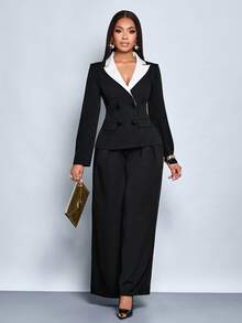 SOLERSUN Traje de dos piezas de chaqueta y pantalones holgados de estilo casual diario para mujer, con contraste elegante y delgado de negro y blanco, de manga larga y doble botonadura, para otoño e invierno