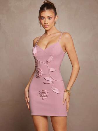 L'Amorae Women's Applique Fitted Elegant Spaghetti Strap Mini Dress