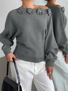 Elenzga Women's Elegant Floral Rhinestone Decor Asymmetric Shoulder Knit Sweater - Grey - View 7