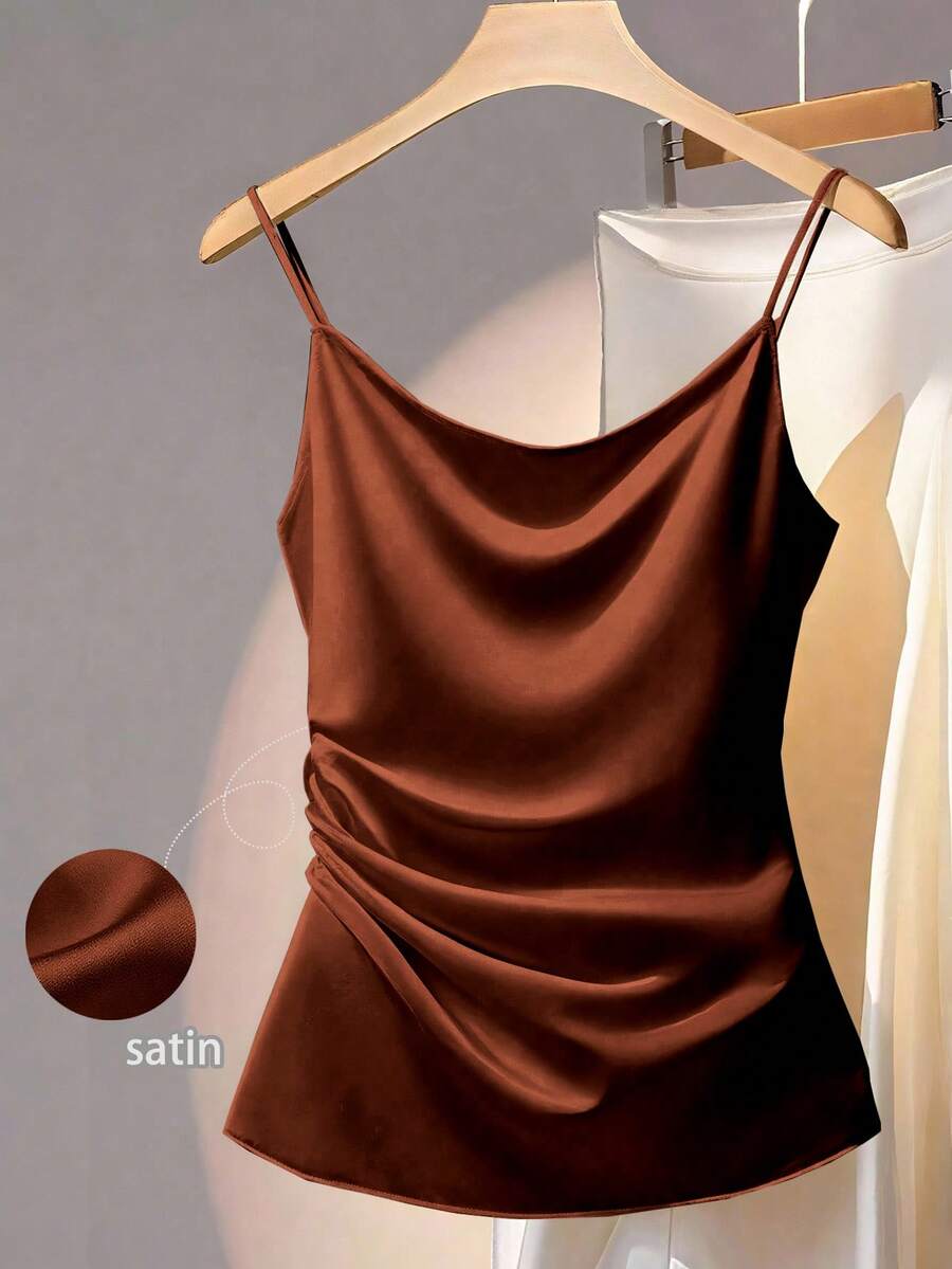 Franclia 米色吊带背心腰部单侧荷叶边装饰简约时尚吊带背心女士 - 咖啡棕 - 查看 1