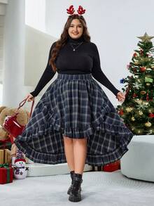 SHEIN CURVE+ 大码复古绿色格子不对称下摆荷叶边裙格子裙女式荷叶边裙不对称裙。秋冬半身裙。万圣节装扮 - 綠色 - 查看 7