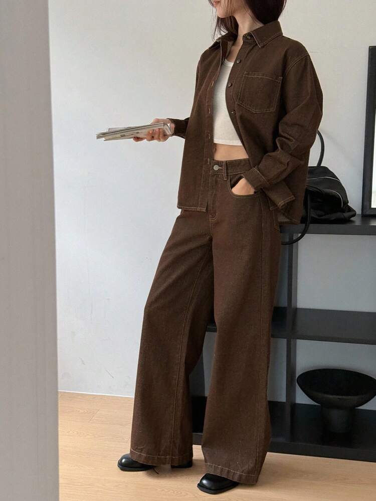 Women's Collared Long Sleeve Shirt And Loose Fit Pants 2 Pieces Casual Denim Suit