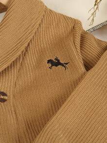 SHEIN 4-7 Years Old Kids Gentleman Jacket, Lapel Collar, Double-Breasted, Long Sleeve, Khaki Textured Jacquard, Embroidered Equestrian Motif, Suitable For School, Christmas, And Various Occasions