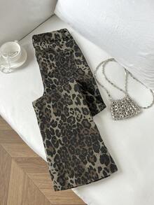 Elamini 女式休闲时尚街头豹纹喇叭牛仔裤 - 彩色 - 查看 2