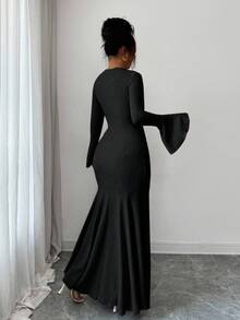 Elenzga Váy tay bèo nhún viền đuôi cá co giãn thanh lịch dành cho nữ, mùa thu/đông - màu đen - Xem 2