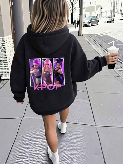 Mädchen Cartoon K-POP Mädchen & Dämonenjäger Grafik Muster Schwarzer Kapuzenpullover, geeignet für Herbst/Winter Outfit