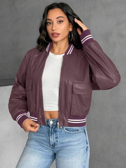 EURMUSE Faux Leather Bomber Jacket With Striped Ribbed Collar, Cuffs, And Hem, Front Zipper Closure, Flap Pockets, Casual Outerwear Bomber Jacket Women Varsity Jacket Women Leather Jackets For Women Womens Jackets Cropped Bomber Jacket Cropped Jackets Brown Jacket Women Crop Jackets For Women