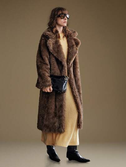 Ontre 2026 Spring/Summer New Women Faux Fur Coat, Deep Coffee, Brown, Lapel Collar Long Sleeve, Faux Fur Coat, Suitable For Valentine's Day, Holiday Party, Minimalist Elegant Urban Chic Versatile Women Faux Fur Coat, Women Spring/Summer Solid Color Mottled Collar Long Sleeve Loose Long Casual Faux Fur Coat
