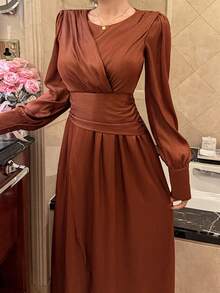 DAZY Women's Elegant Solid Color Pleated Asymmetric Midi Dress, Autumn - Brown - View 5