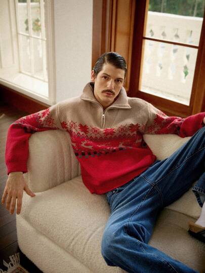 RivetRise Suéter casual con cremallera con estampado de ciervos y copos de nieve para hombre, otoño/invierno