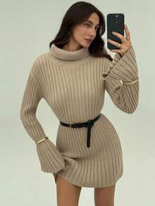 Aloruh Vestido Curto Tricotado Minimalista e Elegante com Gola Alta, Manga Longa, Recortes e Costelas para Mulheres, Outono/Inverno - Damasco - Visão 5