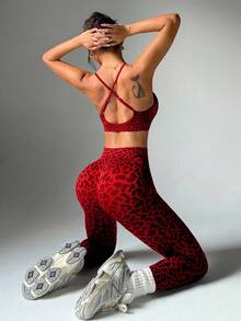Dewbera Seamless High Stretch Leopard Print Sports Bra And Leggings Set Red Athletic Set Workout Women Set Red Leopard Print Workout Set - Red - View 6