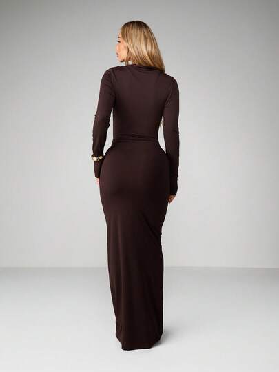 gold satin maxi dress long sleeve Women's Pure Glamour Long Sleeve Satin Maxi Dress in Gold