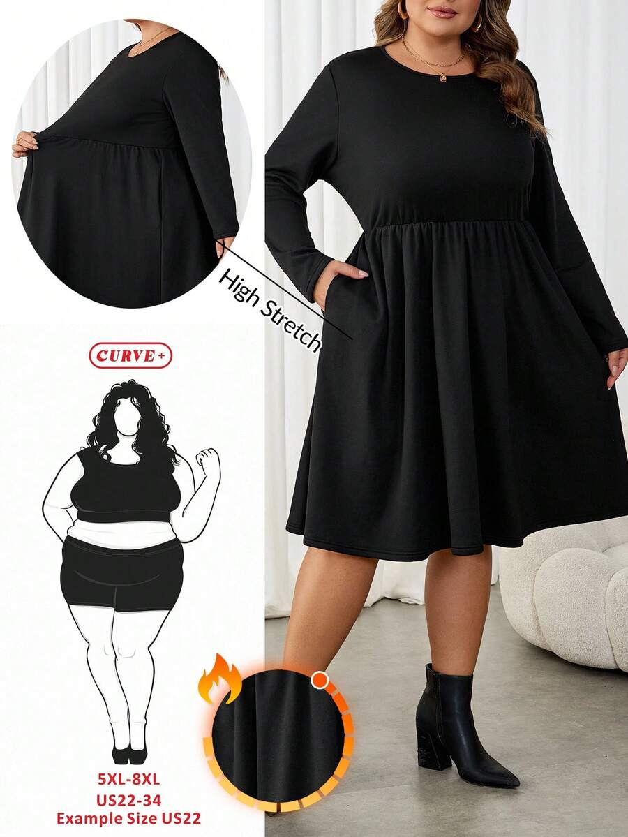 SHEIN CURVE+ Vestido casual de manga larga con cuello redondo y bolsillo, talla grande, para otoño