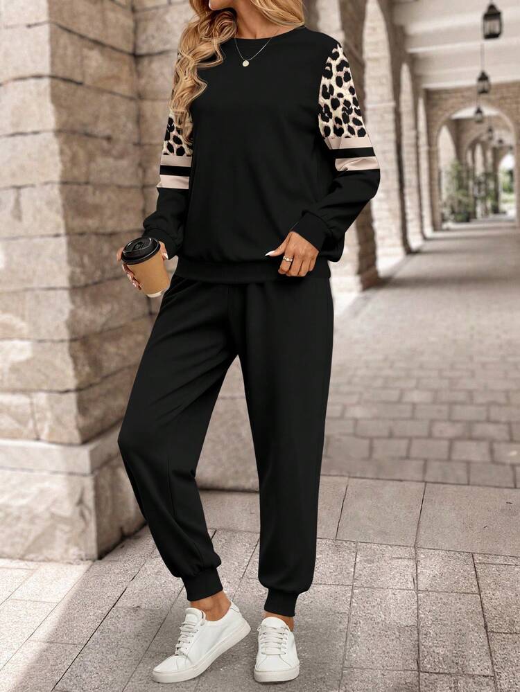 Women's Long Sleeve Leopard Print Patchwork Sweatshirt And Long Sweatpants Winter Sets Two Pieces Set Women 2 Piece Casual Sets Woman