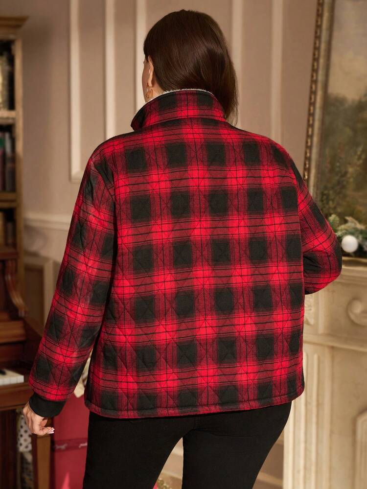 Plus Size Women Plaid Thermal Lined Zip-Up Padded Coat, Warm For Autumn Winter Christmas New Year Elegant Women Stylish Collection Quilted Coat Women Plaid Thermal Lined Winter Coat With Pockets