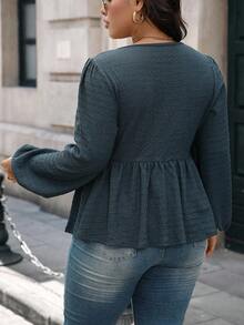 EMERY ROSE Plus Size Women's Textured Knit Cardigan Top,Flared Hem Open Front T-Shirt,Dusty Blue,Autumn,Smart Casual,Tea Party,Versatile Layering Design - Royal Blue - View 2