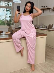 SHEIN Plus Size Women Pink Lace Camisole Pajama Set Co Ord Set Women - Pink - View 4