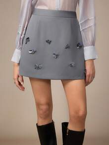 Modelyn Women's Elegant Handmade Beaded Grey A-Line Skirt, Fashionable For Autumn Outings - Grey - View 3
