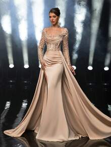 Glamrae Elegant Champagne Satin With Gorgeous Beads And Sequins, See-Through Long Sleeves, Luxurious 3D Handmade Bead Appliqués At The Neckline, Fishbone Patch At The Waist For A See-Through Effect, Fishtail-Shaped Side Slits, And An Oversized Back Train. Suitable For All Formal Occasions: Weddings, Bachelorette Parties, Business Dinners, Dates, Vacations, And Women's Evening Dresses. - Champagne - View 5