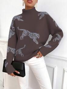 SHEIN Clasi Women's Leopard Pattern Loose Fit Dropped Shoulder Long Sleeve Turtleneck Sweater, Casual For Autumn/Winter - Brown - View 5
