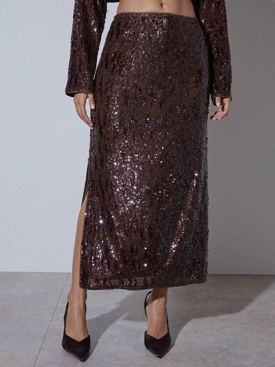COSMINA Women's Solid Color Sequin Side Slit Hem Elegant Fashionable Autumn Winter Sexy Elegant Occasion Party Evening Christmas NYE Thanksgiving Skirt - Brown - View 1