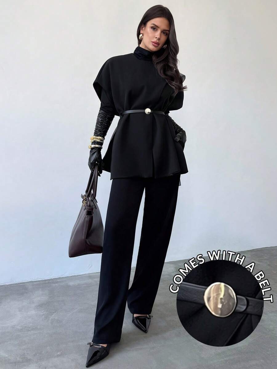 Firerie Women's Casual Elegant Gray Woolen Overcoat (With Belt)/Autumn And Winter Coats/Winter Overcoat For Women/Fall Women/Back To School/Back To School Women/Night Out/Business Casual Woman/Elegant And Intellectual - Black - View 1