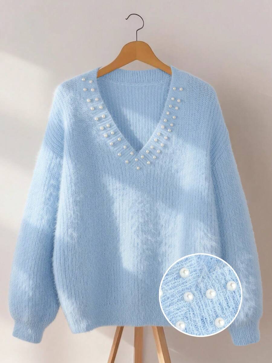 INAWLY Women's Solid Color Faux Pearl Decor V-Neck Dropped Shoulder Long Sleeve Loose Sweater, Autumn/Winter