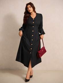 Elaquor Robe élégante à manches lanternes et boutons devant pour femmes grandes tailles - Noir - Voir 4