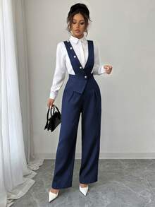 Elenzga Women's New Casual Wide Leg Jumpsuit, Black - Navy Blue - View 3
