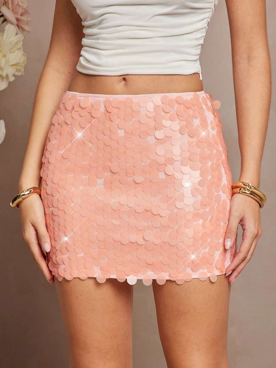 L'Amorae Chân váy ngắn Mico đính sequin màu hồng pastel thanh lịch - Hồng - Xem 1