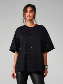 MISSGUIDED Áo thun cotton cổ tròn tay ngắn đính đá Rhinestone cỡ lớn cho trang phục thường ngày mùa xuân hè - màu đen - Xem 1