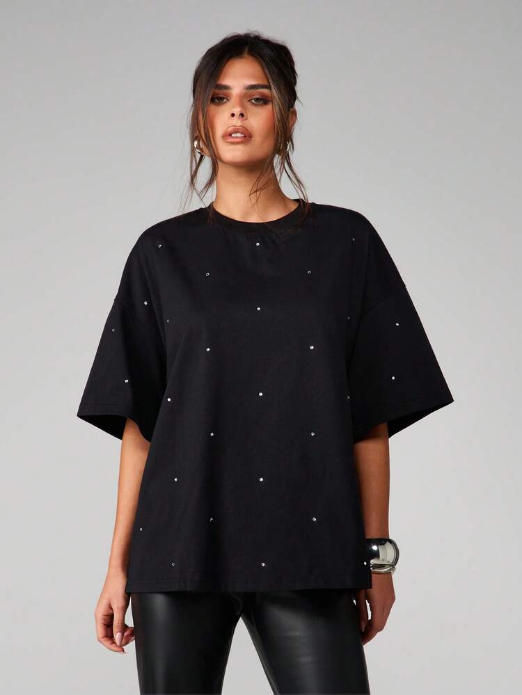 MISSGUIDED Oversized Rhinestone Embellished Short Sleeve Crew Neck Cotton Tee For Spring Summer Casual Wear